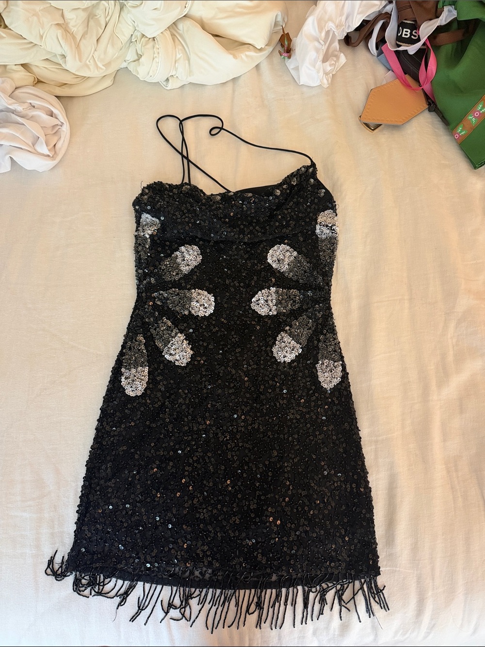 Tularosa Black Sequin Mini Dress with Silver Floral Accents - Picture 2 of 5